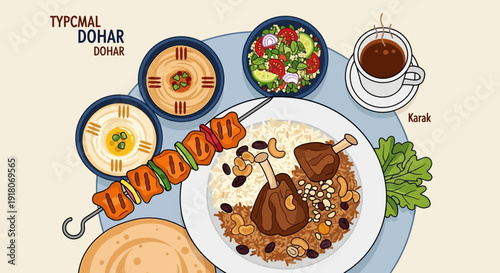 Traditional Qatari Meal Platter Overhead View