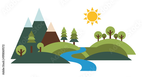 Serene landscape illustration featuring mountains, trees, river, hills, and sun in a scenic natural environment from a distant viewpoint