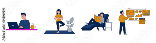 Flat Vector Personal Productivity and Wellness Character Set for Work Life Balance Concept