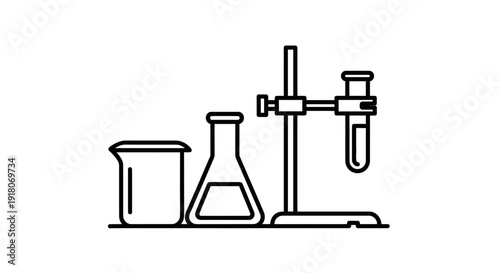 Chemistry Laboratory Glassware Beaker, Conical Flask, and Test Tube in a Stand Representing Scientific Research in an Isolated White Background