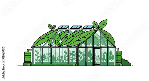 Greenhouse with Lush Plants and Solar Panels Representing Sustainable Agriculture and Eco-Friendly Technology in an Isolated White Background