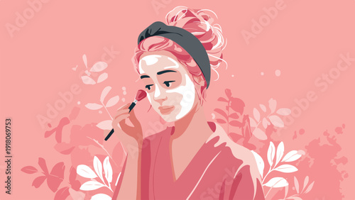 Woman applies face mask with brush, surrounded by soft pink leaves and abstract shapes