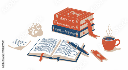 Classic books stack with open book, pen and coffee cup