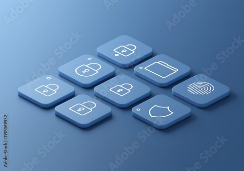 Digital security icons with locks shields and fingerprint on blue background for cybersecurity and technology concepts  online safety and protection