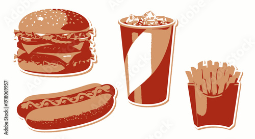 Classic fast food meal set with burger, hot dog, fries, and soda