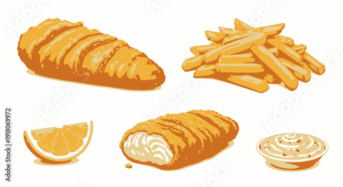Classic fried fish and chips with lemon and sauce components