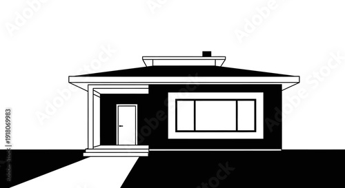 Modern Single-Story House Silhouette with Clean Lines, Minimalist Architecture, isolated white background