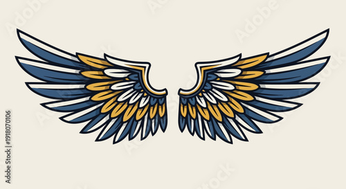 Stylized Colorful Bird Wings in Blue and Gold on a Light Beige Background