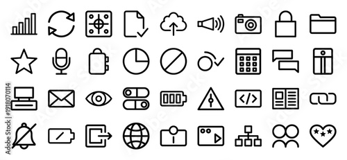 Universal interface line icon set. Vector pictograms of camera, battery, cloud, folder, gear, microphone, globe, and calculator, thick black outline illustration.