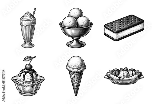 Vintage engraving collection of assorted frozen desserts including milkshakes, cones, sundaes, and sandwiches in a classic woodcut illustration style.