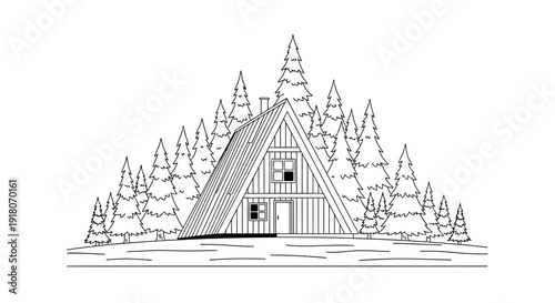 Line Art Illustration of an A-Frame Cabin Surrounded by Dense Pine Forest on an Isolated White Background
