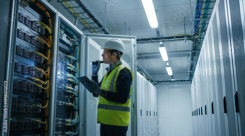 Data center technician wearing a safety vest and hard hat inspecting server racks and network cables in a bright, modern server room during routine maintenance and monitoring