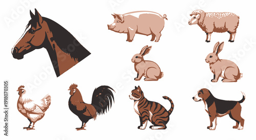 Collection of farm animals and domestic pets illustration