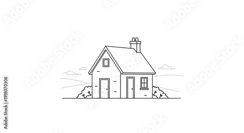 Simple line art illustration of a small house with minimalist architectural details in a tranquil outdoor setting