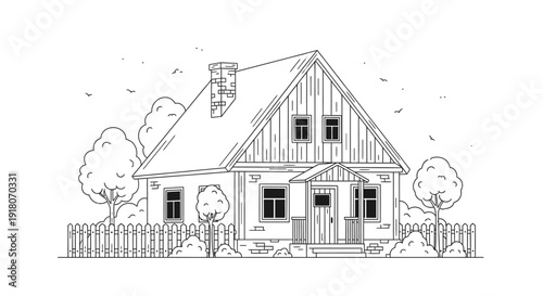 Cozy traditional detached house with a fence and trees, depicted in a charming line art illustration in an outdoor setting