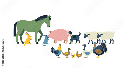 Collection of farm animals and poultry on white background