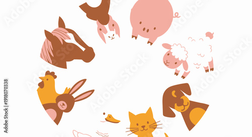 Collection of flat design farm animals and pets in a circle