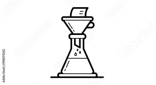 Pour-over coffee filter funnel with a beaker or flask, depicting a brewing or chemical process on an isolated white background