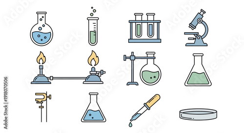Set of Various Chemistry and Laboratory Equipment Icons in Bright Studio