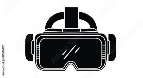Virtual reality headset icon, VR goggles silhouette, black white minimalist digital illustration, augmented reality glasses symbol, gaming hardware app design.