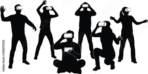 Virtual Reality People Silhouette Set, People Wearing VR Goggles Poses, Metaverse Technology Experience, Cyberspace Gaming Vector Illustration, Futuristic Digital Interaction, Isolated