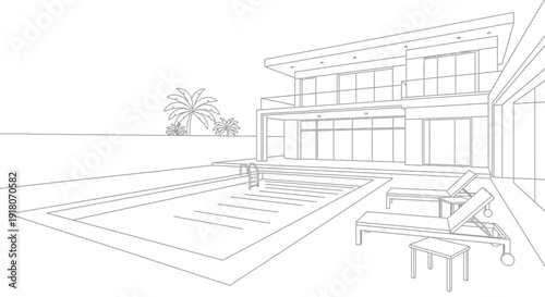 Modern Luxury House with Swimming Pool Outline Drawing on Isolated White Background