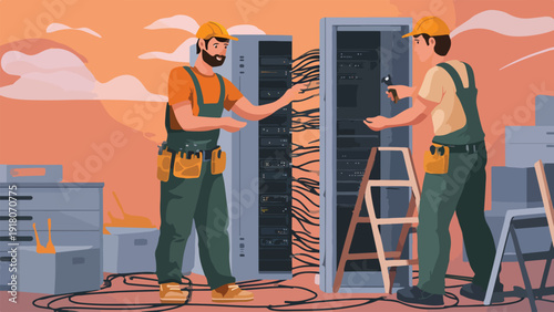 Workers in hard hats connect cables to server racks at dusk