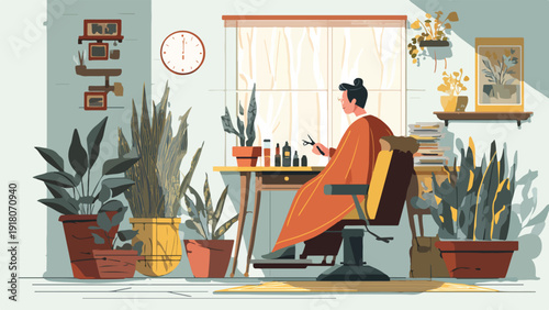 Person sits in salon chair with scissors, surrounded by plants and decor