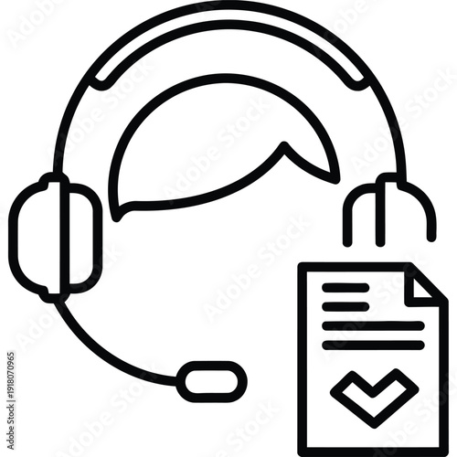 Digital support solution symbol featuring a communication headset alongside a confirmed action document, ideal for helpdesk and contact center representations