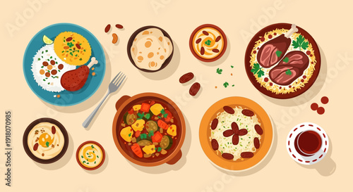 Overhead View of Delicious Middle Eastern Food Dishes