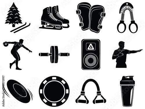 Set of black and white sports and fitness equipment