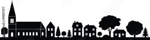 Black village skyline silhouette with church, houses, trees, rural town landscape illustration, minimal design, isolated on white background