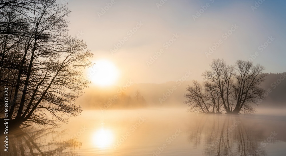 Naklejka premium A serene lake with trees and a sun rising over the horizon.