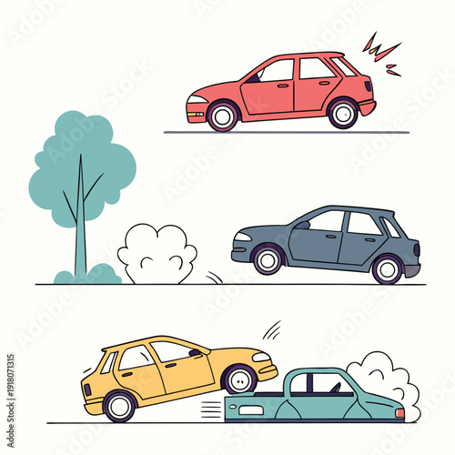 Car Accident Scene Cartoon Vector Illustration Set