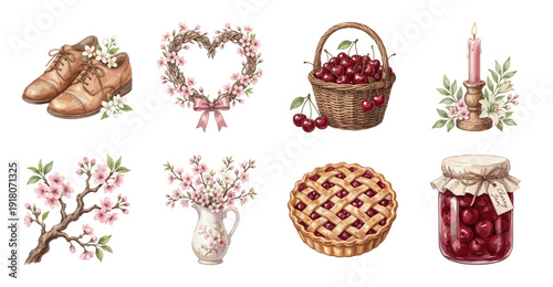 Rustic Cherry and Spring Blossom Watercolor Sticker Set