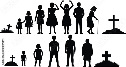 Silhouette illustration of male and female life stages from childhood to old age, ending with grave markers, symbolizing aging, mortality, and human life cycle concepts