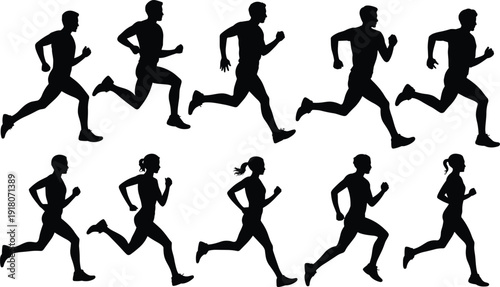 Silhouette illustration of male and female runners in motion, showing athletic stride stages for sports, fitness, training, animation, and human locomotion design concepts