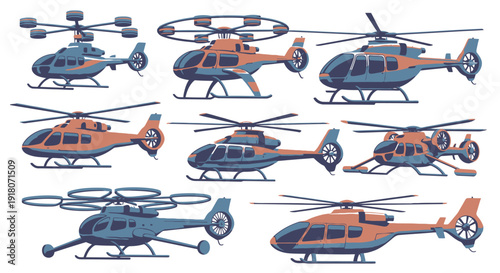 Collection of various modern helicopters illustrations on white background