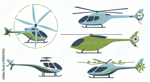 Collection of various stylized helicopter designs in green and blue