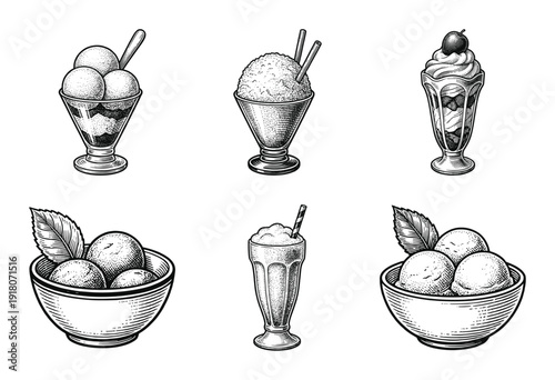 Vintage engraving style collection of frozen desserts including ice cream scoops, sundae with cherry, milkshake, and shaved ice in bowls and glasses.