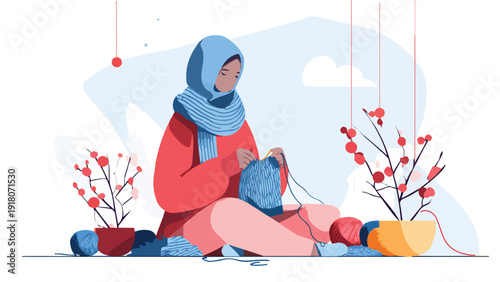 Woman in hijab knitting in a serene setting with plants and yarn balls