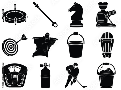 Set of black and white sports and fitness on white background 3