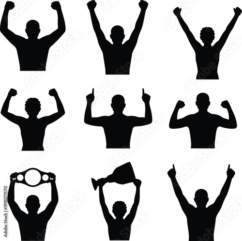 Celebration victory silhouettes illustration, triumphant poses with raised arms, sports achievement concept, motivational success artwork, cad drawing flat vector illustration