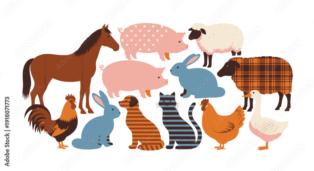 Obraz premium Cute cartoon farm and domestic animals collection illustration
