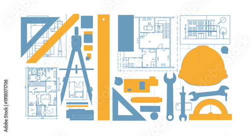 Construction, engineering, and architecture tools with building plans