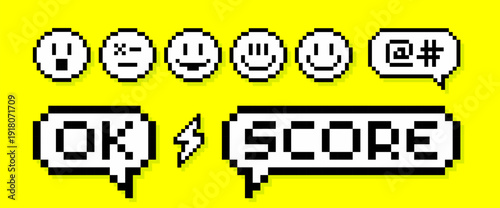 Pixel art, speech bubble set, smile for game UI. Retro pixel art pack, emoticon speech bubble, smile collection. Pixel art, speech bubble, emoticon smile chat. Emoticon set. Vector Illustration.