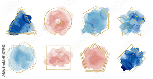 Abstract Watercolor Geometric Frames with Gold Foil Accents