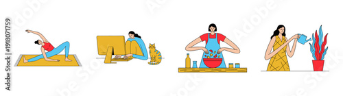 Flat Vector Lifestyle Activities Graphic Set for Wellness and Remote Work Routine Illustration