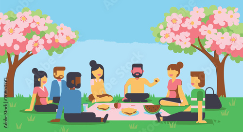 Group of people enjoying a picnic under blooming trees in a serene outdoor setting with a relaxed atmosphere and vibrant colors
