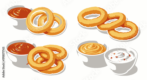 Crispy onion rings and various dipping sauces illustration set